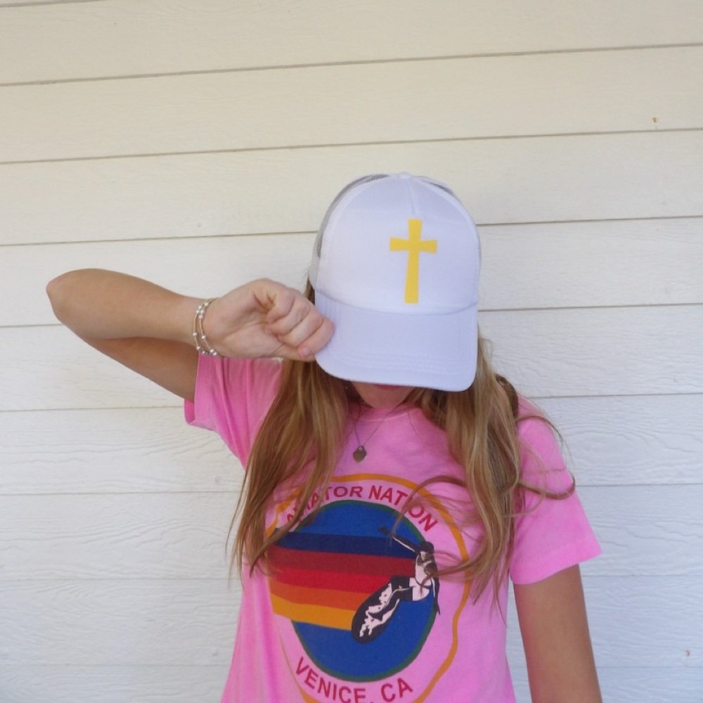 White Trucker Hat with Yellow Cross - NEW